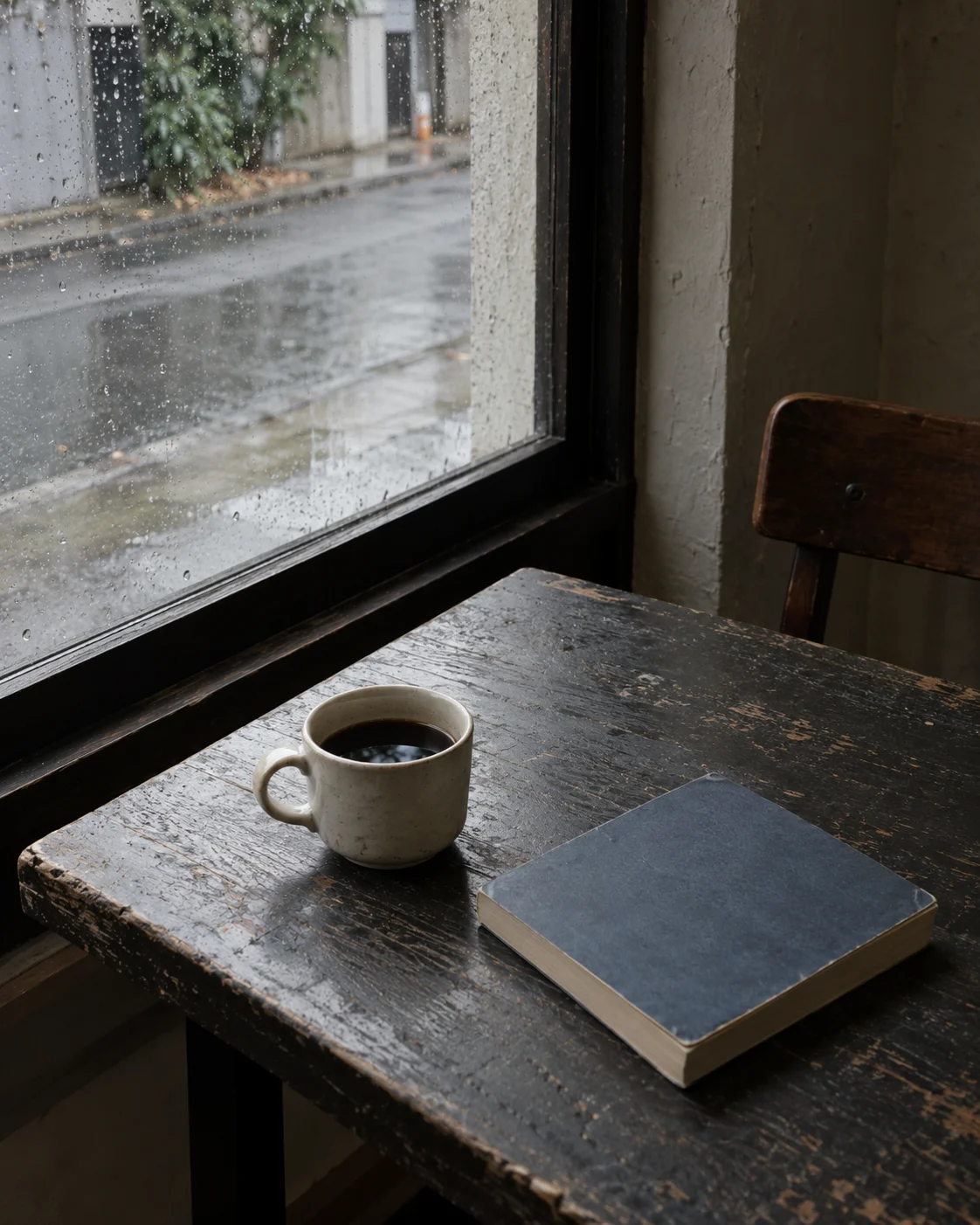 雨の窓辺にコーヒーと青灰色の本。帰り道の寄り道を描く生成コンセプト画像